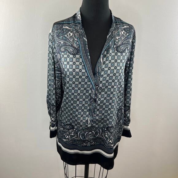 ZARA Black/Blue S Popover Blouse Paisley Print Hi Lo Hem V-Neck Long Sleeves - Picture 4 of 9